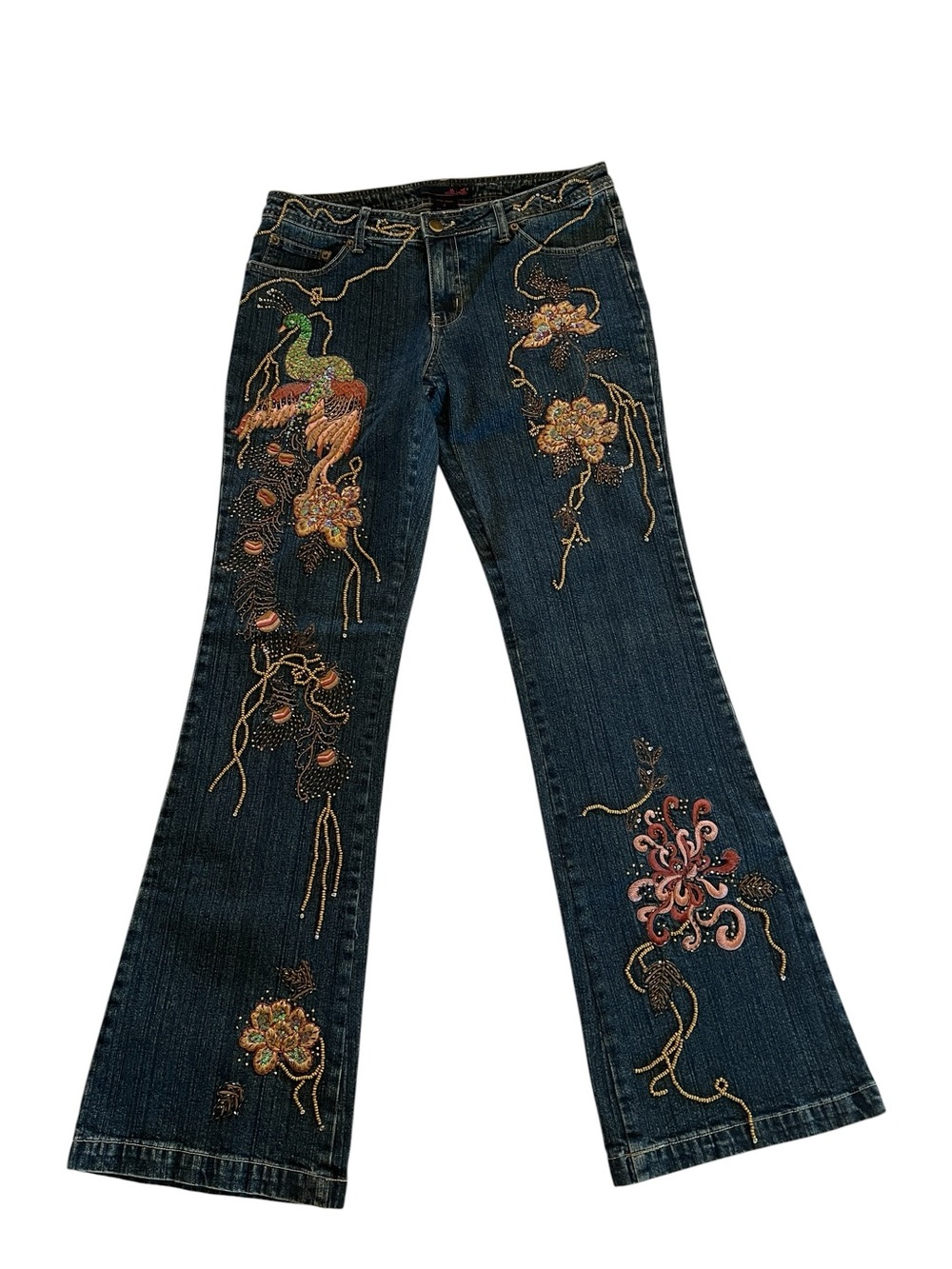 Willi Smith Embellished Flare Jeans Y2K Boho Peacock Beaded Denim 8 Festival - Picture 2 of 5